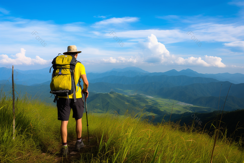 蓝天白云大山徒步旅行的青年男子背影拍摄,高清,摄影图,摄影图片,图片大全,摄影图免费下载